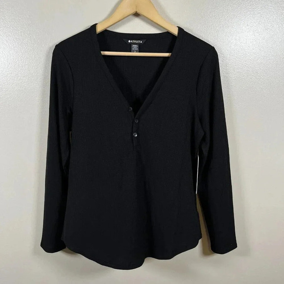 Athleta Wind Down Sleep Top Size Large Black Waffle Knit Henley Lounge Comfy - Picture 1 of 10